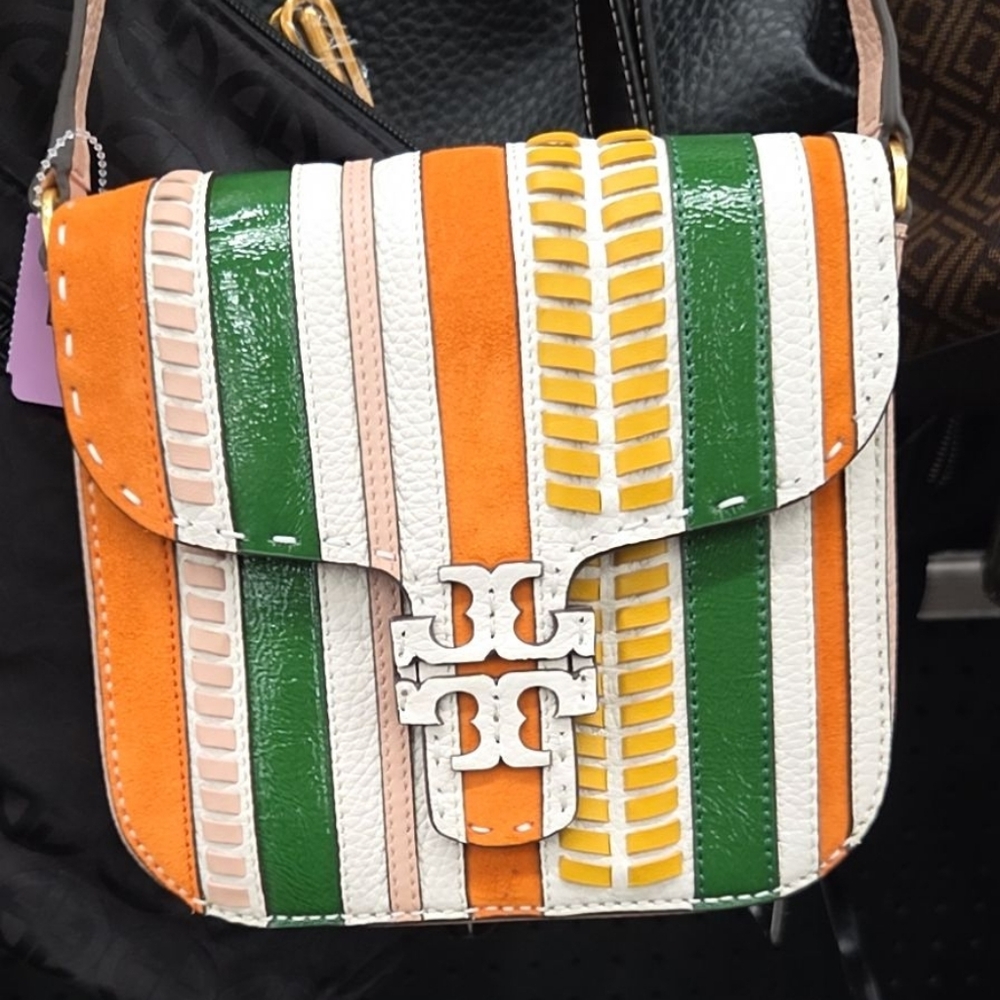 Tory Burch Orange and Green Striped Crossbody Bag